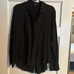 Velvet Heart high low button down frayed hem top, S, black